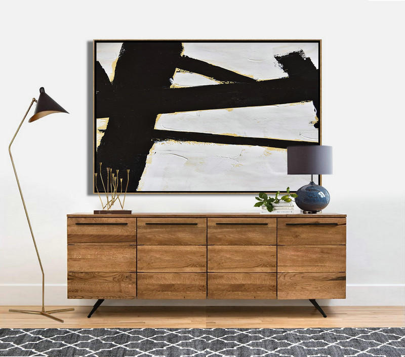 Original Modern Art,Large Wall Art Handmade,Horizontal Palette Knife Minimal Canvas Art Painting Black White Beige - Abstract Artwork Online